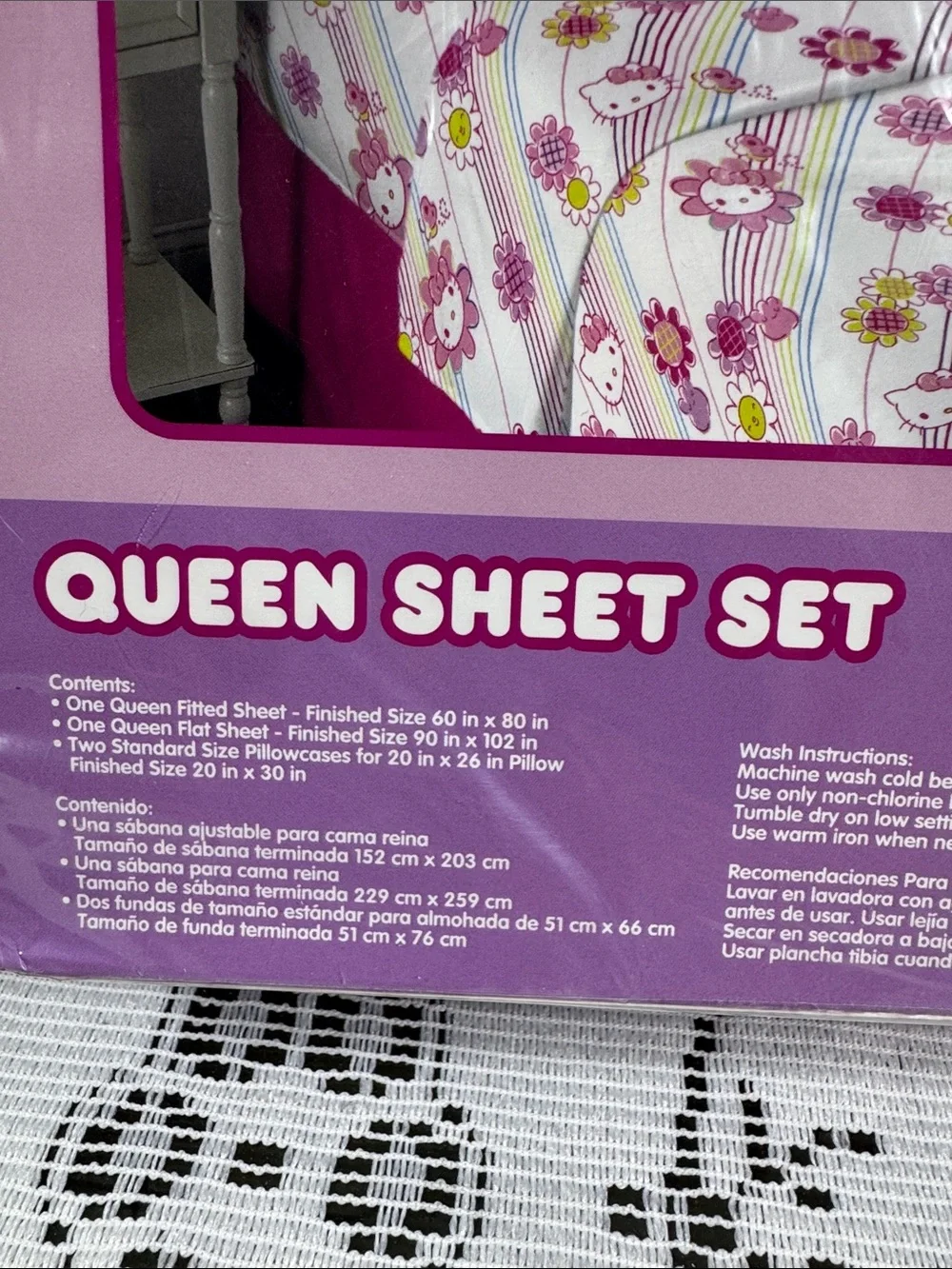 Hello Kitty Queen Size Bed Sheet Set Floral Rainbow Garden Flowers Bees